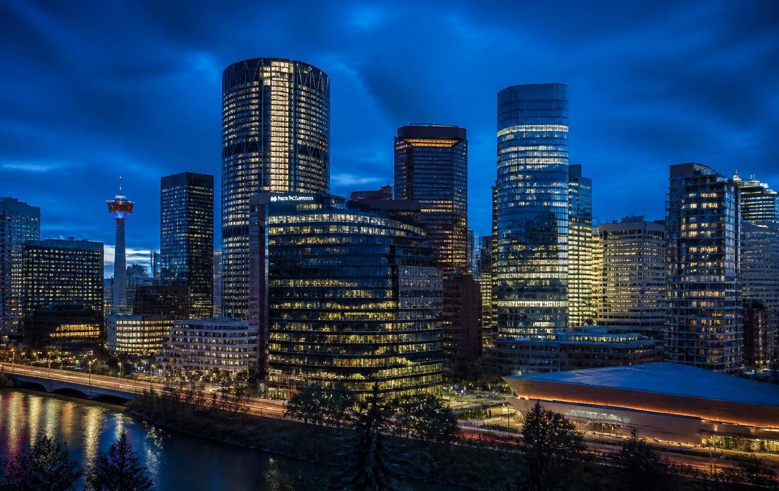 Downtown Calgary skyline at blue hour