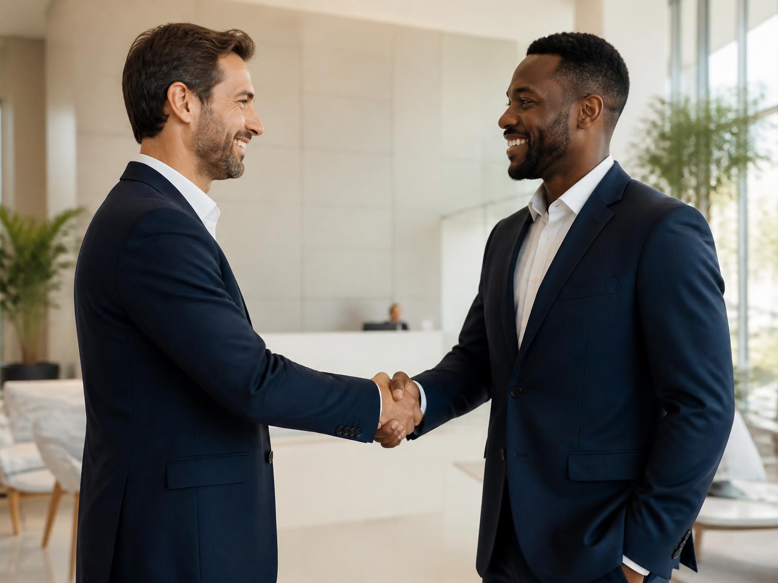Two business partners shaking hands in an office lobby